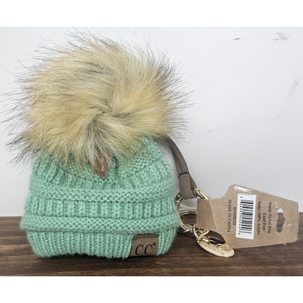 C.C Exclusives Mint Green Pom Pom Mini Knitted Cap Hat Key Chain Gold Accents